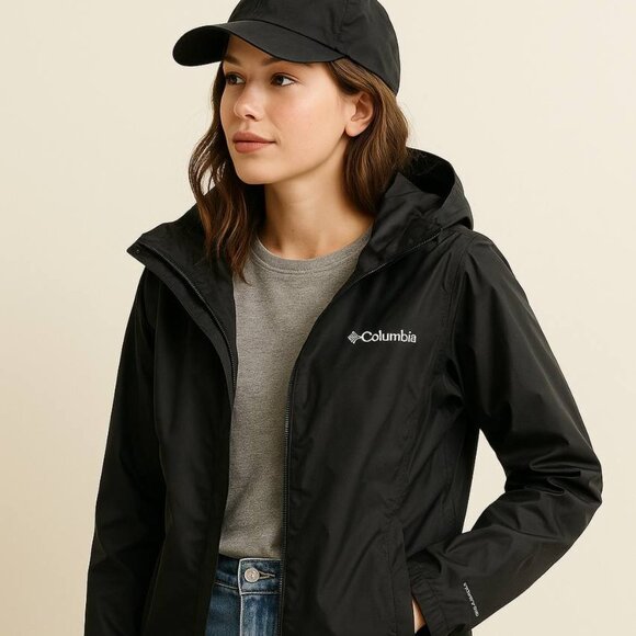 Columbia Omni-Tech Waterproof Black Hooded Jacket Women’s L - Picture 1 of 4